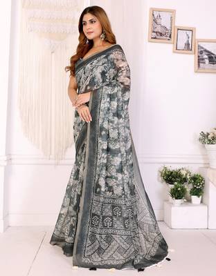 off white printed art silk designer pallu chanderi saree 2