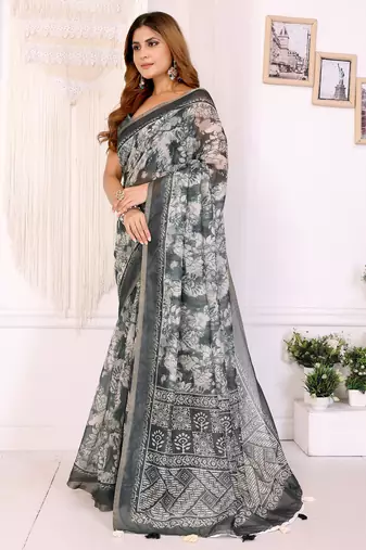 off white printed art silk designer pallu chanderi saree