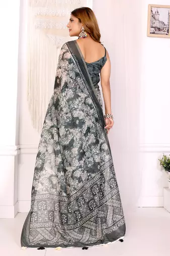 off white printed art silk designer pallu chanderi saree
