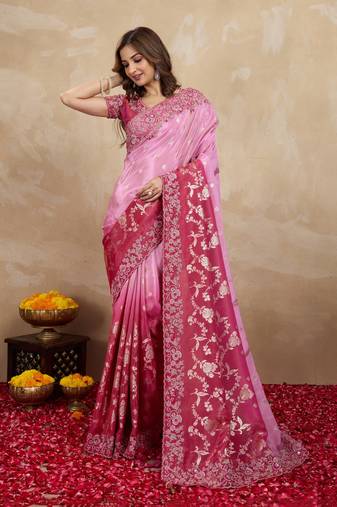 Trendmalls Jacquard Silk Blend Embroidery Sequence Work Saree with Unstitched Blouse Piece