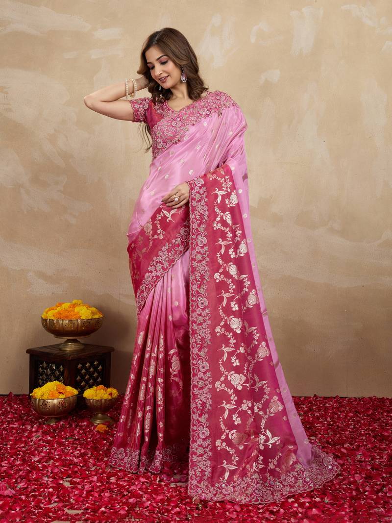 Jacquard Silk Blend Embroidery Sequence Work Saree with Unstitched Blouse Piece