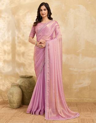 Trendmalls Chiffon Embroidery Sequence work Saree with Unstitched Blouse Piece 1