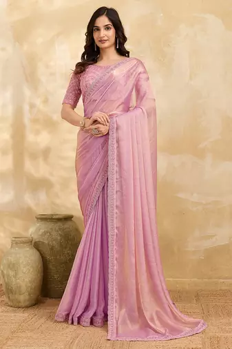 Trendmalls Chiffon Embroidery Sequence work Saree with Unstitched Blouse Piece