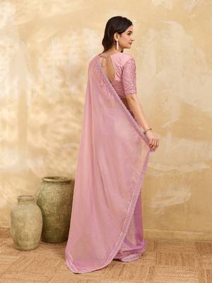 Trendmalls Chiffon Embroidery Sequence work Saree with Unstitched Blouse Piece 2
