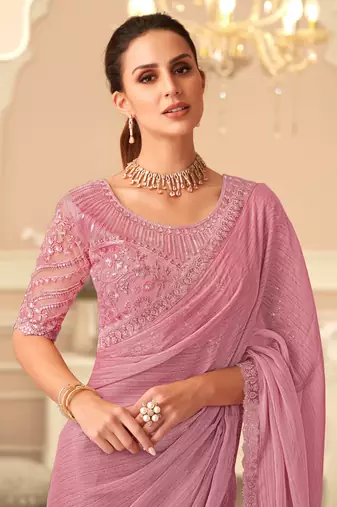 Trendmalls Chiffon Embroidery Sequence work Saree with Unstitched Blouse Piece