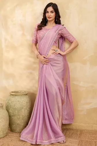 Trendmalls Chiffon Embroidery Sequence work Saree with Unstitched Blouse Piece