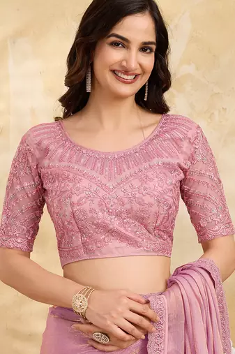 Trendmalls Chiffon Embroidery Sequence work Saree with Unstitched Blouse Piece