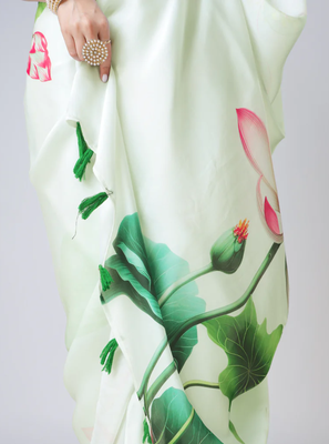 Light-pista floral prints  heavy japan satin saree with unstitched blouse 2
