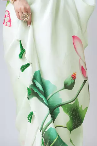 Light-pista floral prints  heavy japan satin saree with unstitched blouse