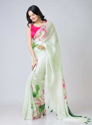 Light-pista floral prints  heavy japan satin saree with unstitched blouse 3
