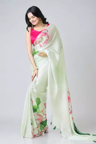Light-pista floral prints  heavy japan satin saree with unstitched blouse