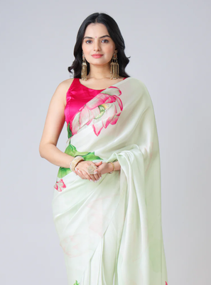 Light-pista floral prints  heavy japan satin saree with unstitched blouse 4