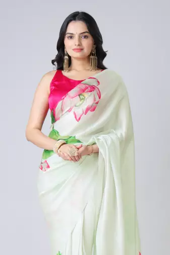 Light-pista floral prints  heavy japan satin saree with unstitched blouse