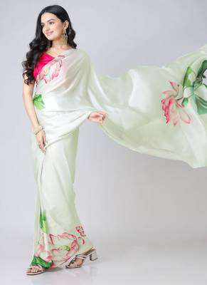 Light-pista floral prints  heavy japan satin saree with unstitched blouse 1