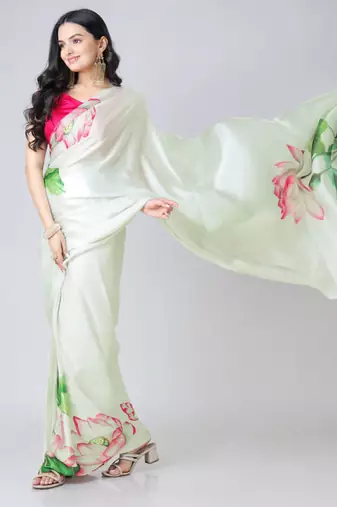 Light-pista floral prints  heavy japan satin saree with unstitched blouse