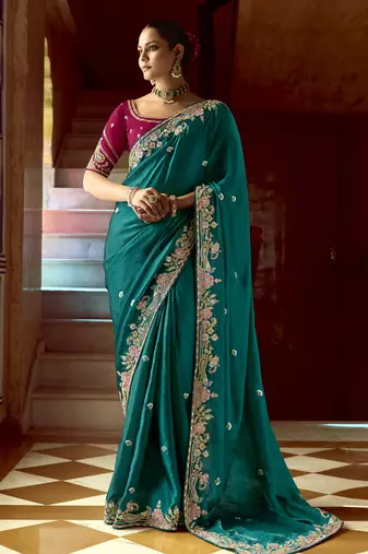 Satin Embroidery Sequence work Saree with Unstitched Blouse Piece