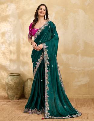 Trendmalls Satin Embroidery Sequence work Saree with Unstitched Blouse Piece 1