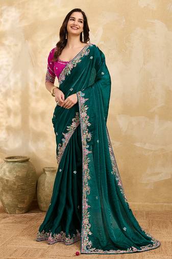 Trendmalls Satin Embroidery Sequence work Saree with Unstitched Blouse Piece