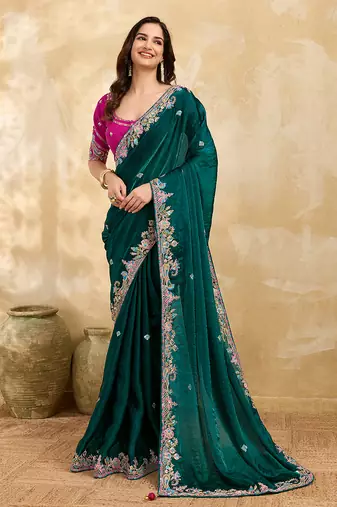 Trendmalls Satin Embroidery Sequence work Saree with Unstitched Blouse Piece