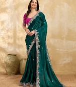 Trendmalls Satin Embroidery Sequence work Saree with Unstitched Blouse Piece