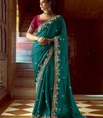 Satin Embroidery Sequence work Saree with Unstitched Blouse Piece