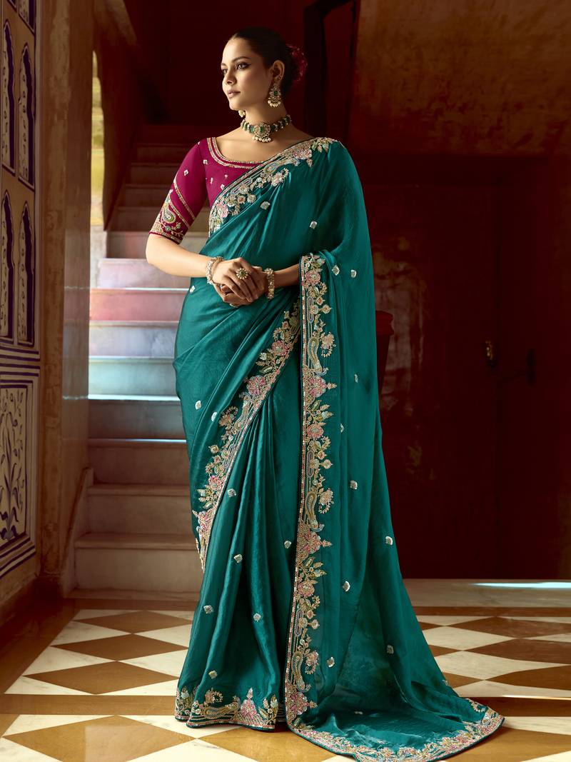 Satin Embroidery Sequence work Saree with Unstitched Blouse Piece