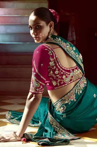 Trendmalls Satin Embroidery Sequence work Saree with Unstitched Blouse Piece