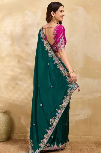 Trendmalls Satin Embroidery Sequence work Saree with Unstitched Blouse Piece