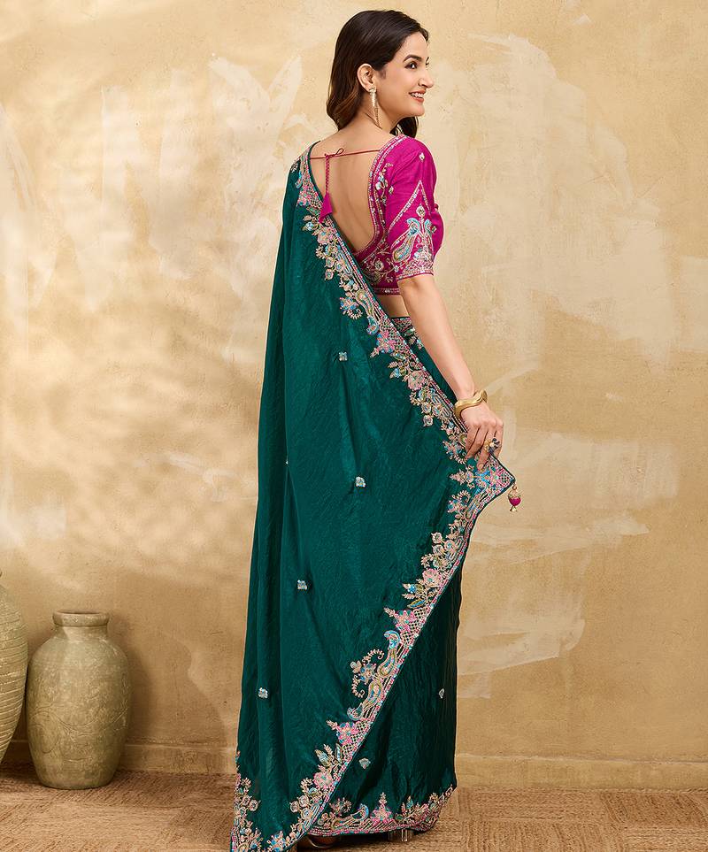Trendmalls Satin Embroidery Sequence work Saree with Unstitched Blouse Piece