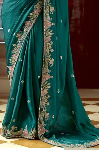 Trendmalls Satin Embroidery Sequence work Saree with Unstitched Blouse Piece