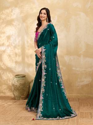 Trendmalls Satin Embroidery Sequence work Saree with Unstitched Blouse Piece 3