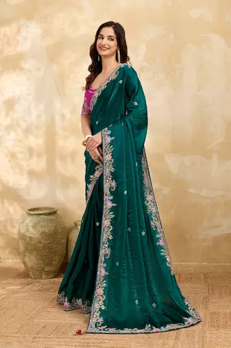 Trendmalls Satin Embroidery Sequence work Saree with Unstitched Blouse Piece