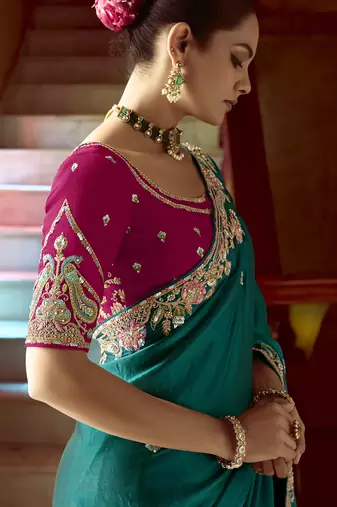 Trendmalls Satin Embroidery Sequence work Saree with Unstitched Blouse Piece