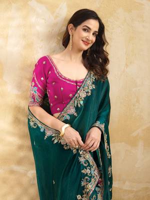 Trendmalls Satin Embroidery Sequence work Saree with Unstitched Blouse Piece 4