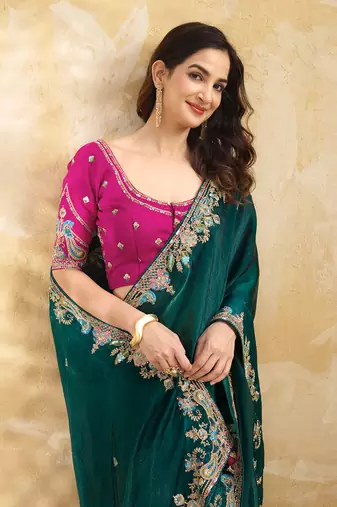 Trendmalls Satin Embroidery Sequence work Saree with Unstitched Blouse Piece