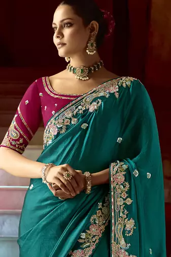 Trendmalls Satin Embroidery Sequence work Saree with Unstitched Blouse Piece