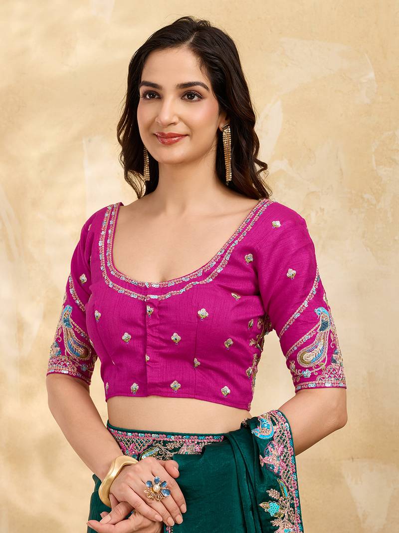 Trendmalls Satin Embroidery Sequence work Saree with Unstitched Blouse Piece