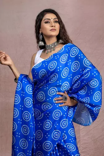 Blue floral prints  heavy japan satin saree with unstitched blouse