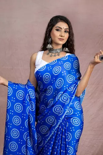 Blue floral prints  heavy japan satin saree with unstitched blouse