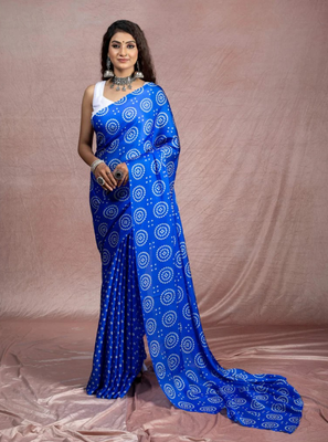 Blue floral prints  heavy japan satin saree with unstitched blouse 1