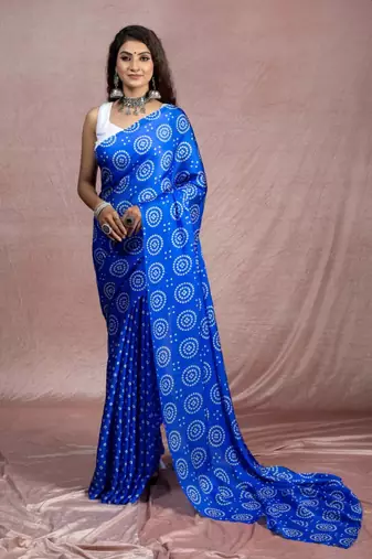 Blue floral prints  heavy japan satin saree with unstitched blouse