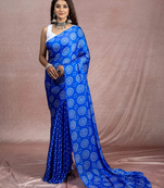 Blue floral prints  heavy japan satin saree with unstitched blouse