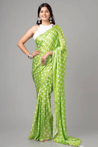 Parrot-green polka dot prints  heavy japan satin saree with unstitched blouse