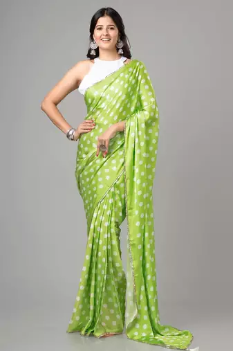 Parrot-green polka dot prints  heavy japan satin saree with unstitched blouse