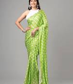 Parrot-green polka dot prints  heavy japan satin saree with unstitched blouse