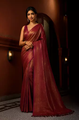 Pink woven kanchipuram silk blend saree with blouse
