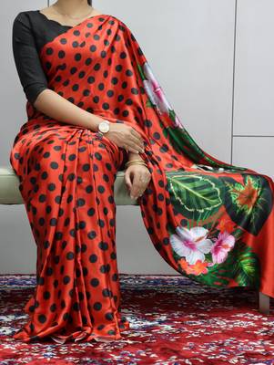 Red polka dot prints  heavy japan satin saree with unstitched blouse 2
