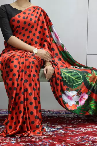 Red polka dot prints  heavy japan satin saree with unstitched blouse