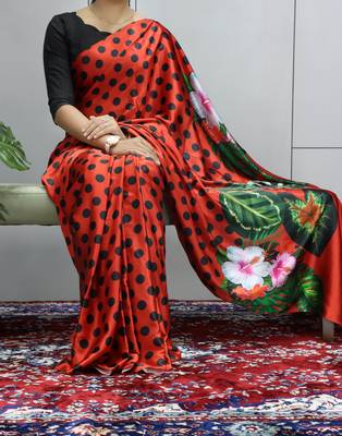 Red polka dot prints  heavy japan satin saree with unstitched blouse 1