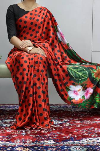 Red polka dot prints  heavy japan satin saree with unstitched blouse